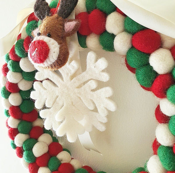 Felt Ball Wreath - Red, Green and White