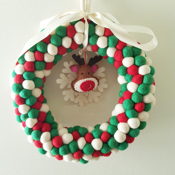 Felt Ball Wreath - Red, Green and White