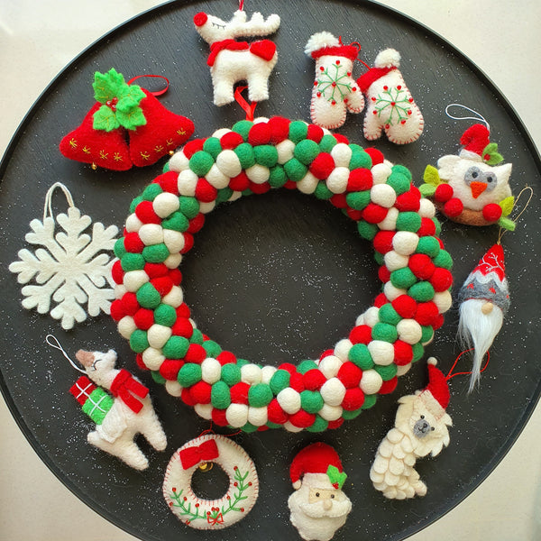 Felt Ball Wreath - Red, Green and White