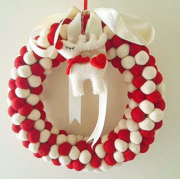 Felt Ball Wreath - Red and White
